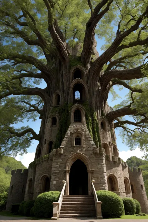 a mighty castle in a giant tree
