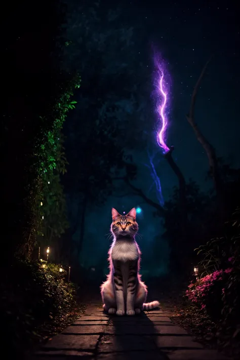 full body, a magical cat, engulfed in an aura of sorcerous lights, outdoors at night