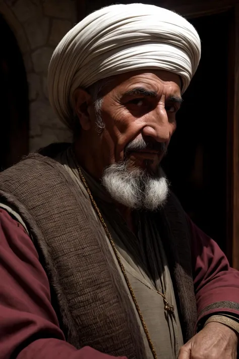 close up portrait of an old rich medieval turkish merchant in his villa