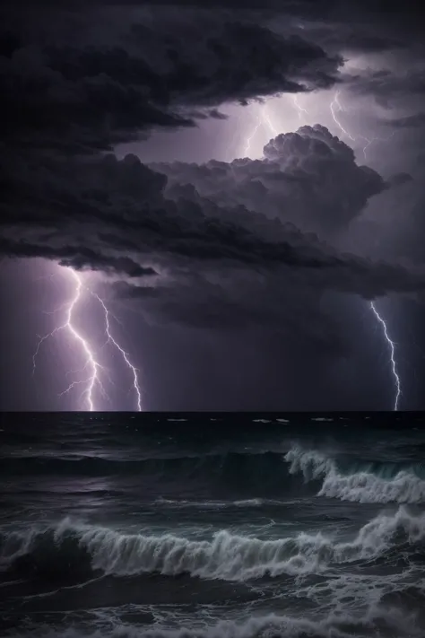 storm clouds over a raging ocean at night, lightning strikes