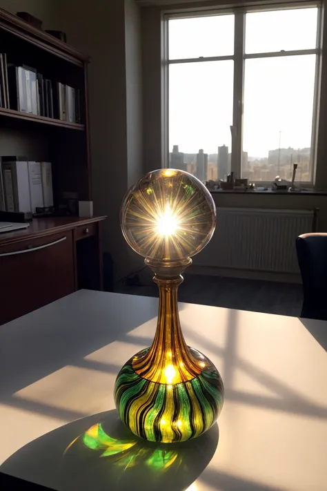 a paperweight on an office table, made of gleaming glinting murano glass, sunlight through window
