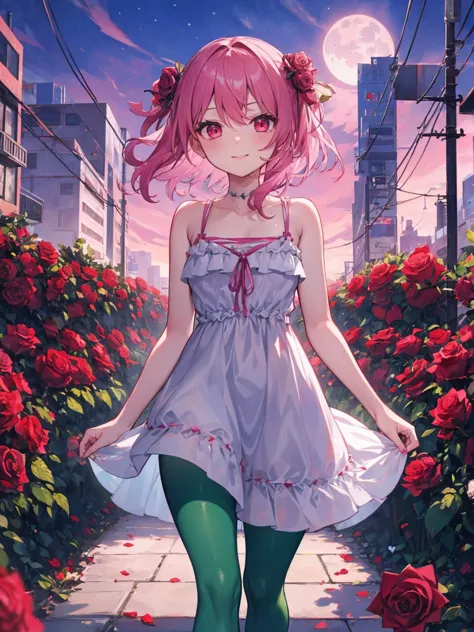 masterpiece, best quality,
rosemi lovelock, nijisanji, pink hair, red eyes, hair flower, thorns, medium hair, one side up, flat chest,
1girl, (green pantyhose, sundress, white dress:1.4), upper body,
standing, walking, smile,
(roses in the foreground:1.8),
(city, cityscape, street, pink sky, pink theme, moon:1.5),