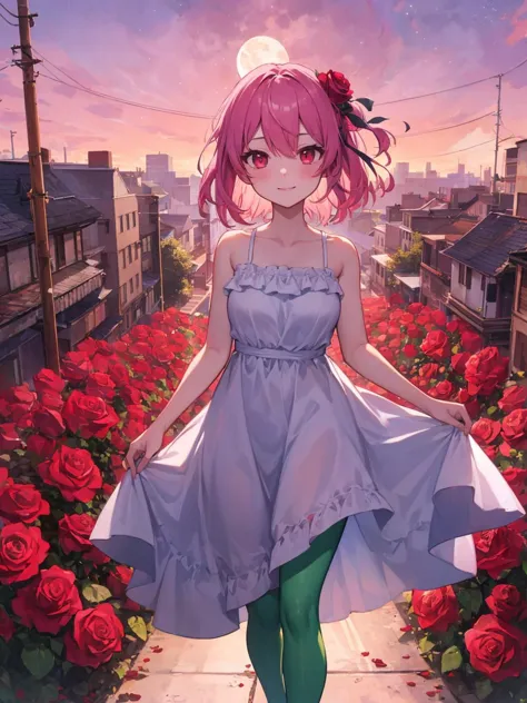 masterpiece, best quality,
rosemi lovelock, nijisanji, pink hair, red eyes, hair flower, thorns, medium hair, one side up, flat chest,
1girl, (green pantyhose, sundress, white dress:1.4), upper body,
standing, walking, smile,
(roses in the foreground:1.8),
(city, cityscape, street, pink sky, pink theme, moon:1.5),