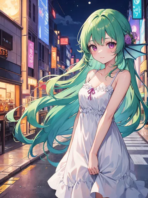 anime girl with long green hair walking down the street