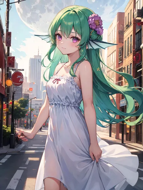 anime girl with green hair walking down a street in a dress