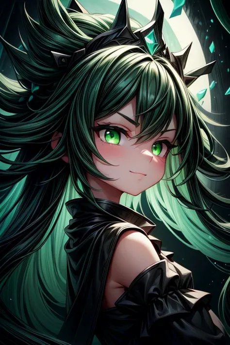 (green and black theme:1.3), best quality,Epic,highly detail,Illustration,Cover,enigmatic figure,draped in translucent fabric,crystals adorning hair,dreamlike swirl,pastel hues,soft light,evoking calm serenity and elusive beauty,Non-representational,colors and shapes,expression of feelings,imaginative,highly detailed, hair_ornament, headwear, serious, vigilant, badass, cold, looking_away, evil_smile, close-up