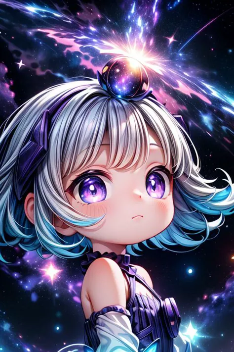 a girl with blue hair and purple eyes standing in front of a galaxy background