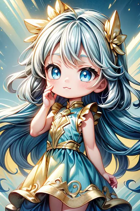 a cartoon girl with long blue hair and a gold dress