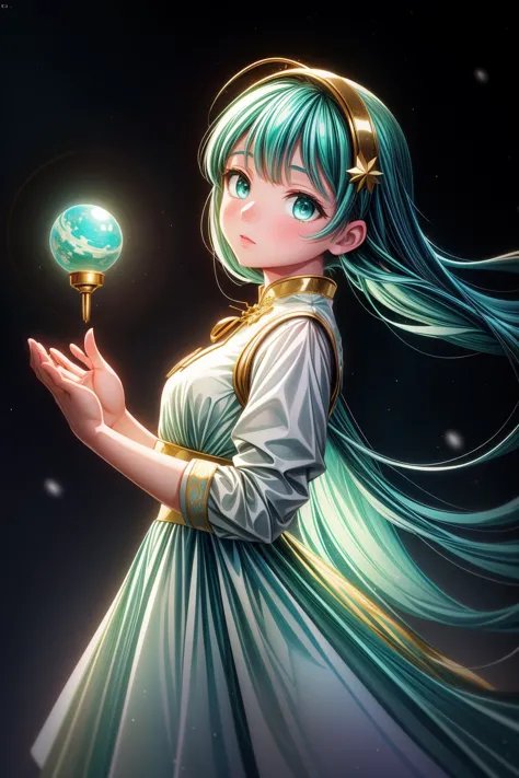 a girl with long blue hair holding a crystal ball