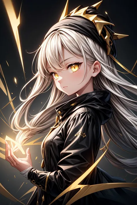 a woman with long white hair and yellow eyes holding a glowing ball