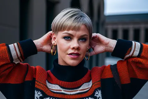 arafed woman with blonde hair and a black and orange sweater