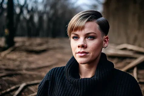 Step-by-step, eye focus, highest quality, High detail professional photo of artist_pink with black sweater, short blonde haircut, pale skin, slim body, city ruins, (high detailed skin:1.2), 
shallow depth of field, natural lighting, diffused soft light, 8k uhd, dslr, soft lighting, high quality, film grain, Fujifilm XT3