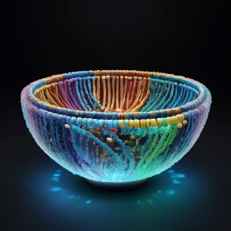 brightly colored bowl with a black background and a blue light