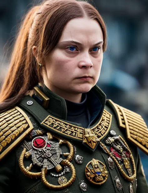 Commissar Greta Thunberg, Warhammer 40000, angry, sadistic, battle, fight, ((intricate details)), detailed eyes, hdr, ((intricat...