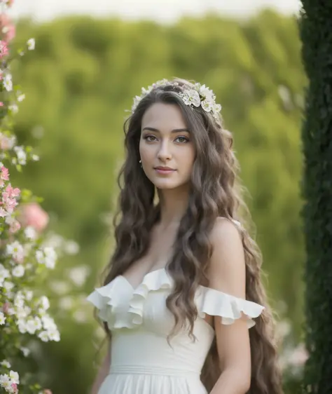 mejor calidad, obra maestra,  (Fotorrealista:1.4), Fotos de larga distancia, high detallado, (high detallado skin:1.2),  Una hermosa mujer eslava con cabello largo en un hermoso vestido, de pie en un hermoso jardín con muchas flores, tiro de cuerpo completo, detallado, hdr, fotografiado con una Nikon Z 140mm