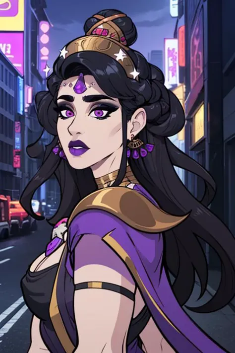 a cartoon image of a woman in a purple outfit and gold jewelry