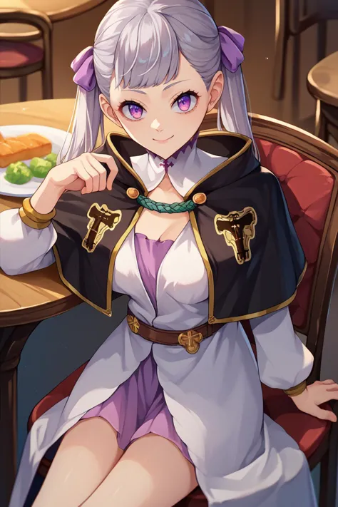 anime girl sitting at a table with a plate of food