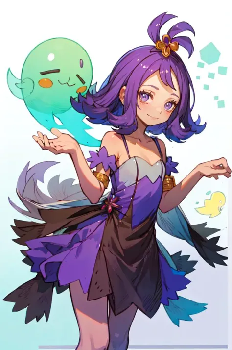 <lora:Acerola_Pokemon:0.8> acerola (pokemon), purple eyes, purple hair, topknot, flipped hair, collarbone, purple dress, sleeves, stitches,  multicolored dress, armlet,
smile, ghost pose, hands up,  leaning forward, straight-on,  <lora:NakayamaTooru:1> sketch, mecha,, absurdres, ultra detailed, masterpiece, best quality, aesthetic, detailed,