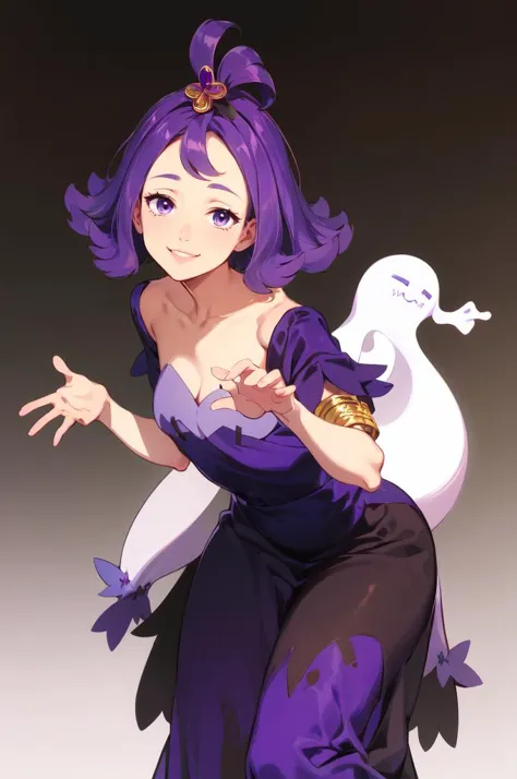 a woman in a purple dress with a white swan on her shoulder