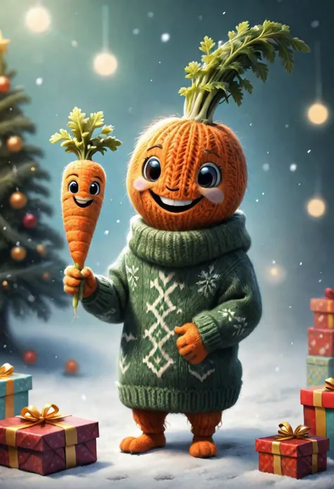 The little smiling carrot a sweater is happy to receive a gift