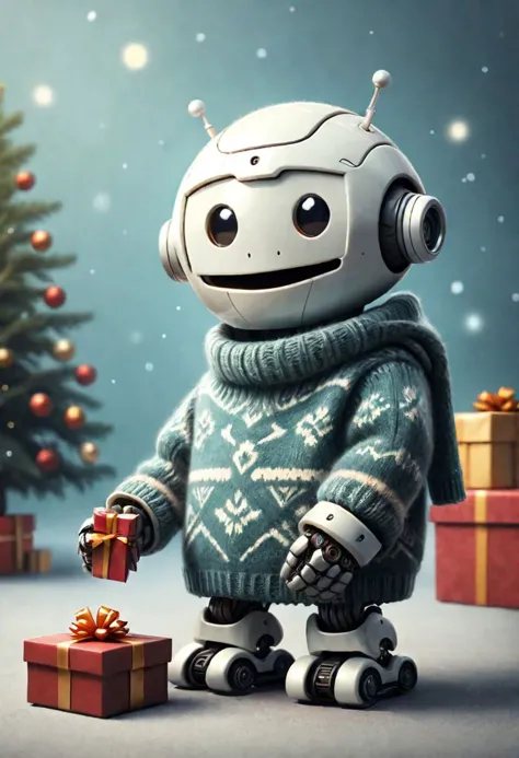 a robot holding a present in front of a christmas tree