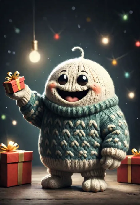 a cartoon character holding a present in a room with christmas lights