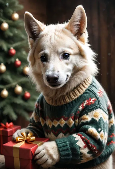 arafed dog wearing a sweater holding a present in front of a christmas tree