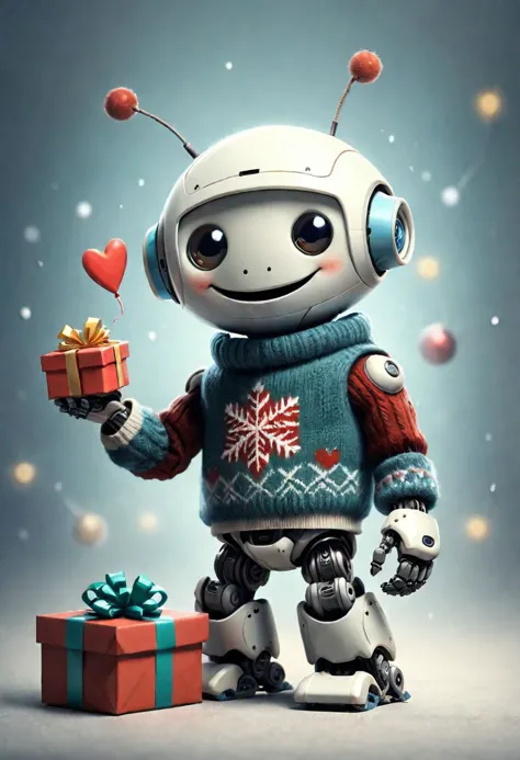 Le petit robot souriant avec un pull est heureux de recevoir un cadeau