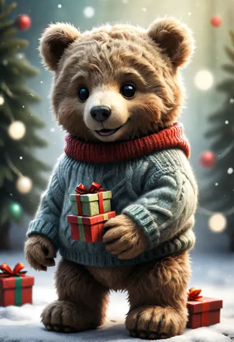 a close up of a teddy bear wearing a sweater holding a present