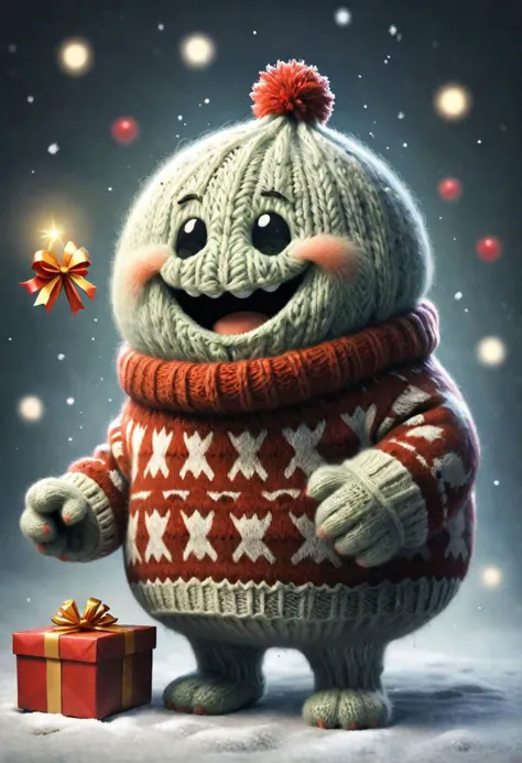 a cartoon character wearing a knitted sweater and holding a present