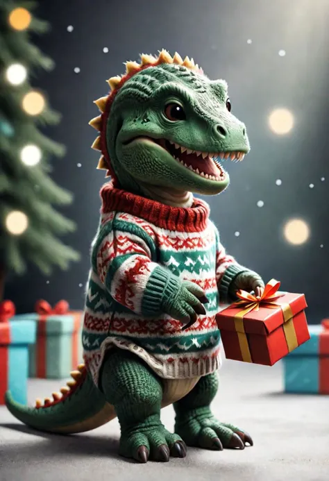 a close up of a toy dinosaur holding a present in front of a christmas tree