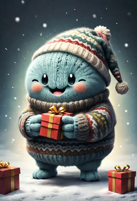 セーターを着た小さな笑顔の塊は、プレゼントをもらって幸せそうにしている