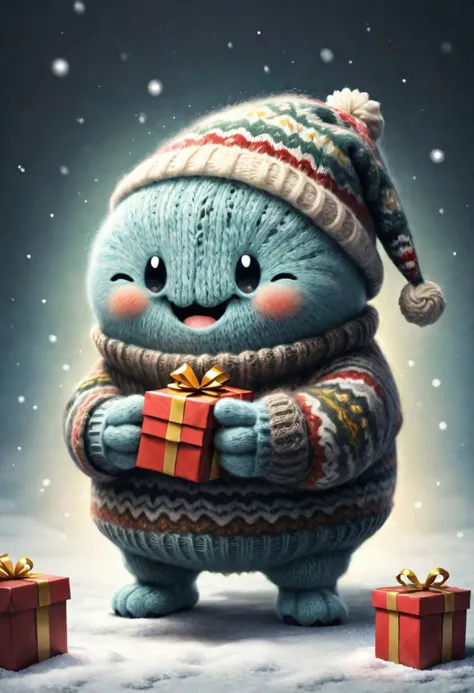 The little smiling blob with a sweater is happy to receive a gift