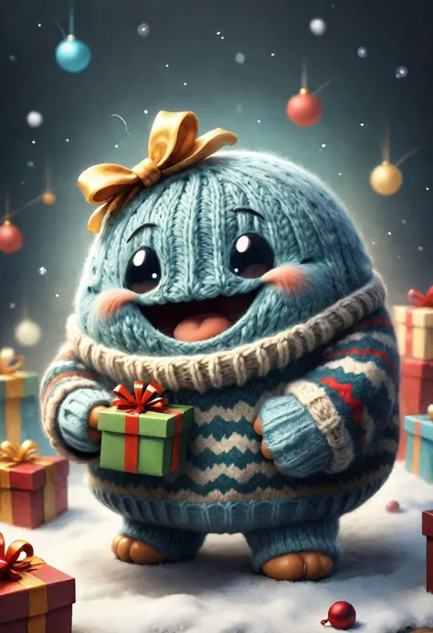 The little smiling blob with a sweater is happy to receive a gift