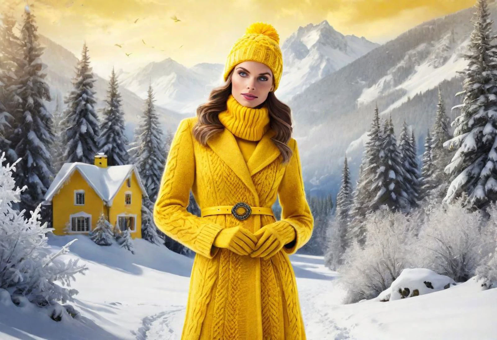 "Crea una imagen que muestre a una mujer deslumbrante vestida de amarillo vibrante., encarnando la esencia del invierno para el equipo amarillo. Imagina una escena en la que ella esté elegantemente adornada con ropa de invierno., rodeado de paisajes nevados y acentos helados. Ilumina la belleza de la temporada y muestra el espíritu vibrante del Equipo Amarillo en el contexto invernal.."