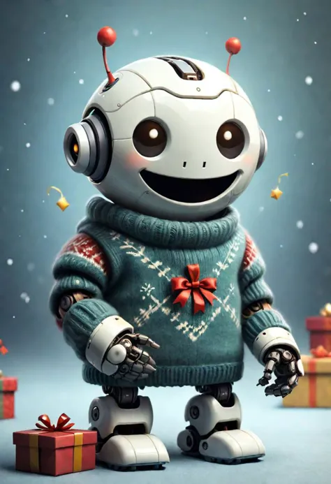 The little smiling robot with a sweater is happy to receive a gift