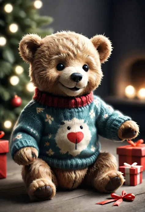 セーターを着た小さな笑顔のテディベアはプレゼントをもらって幸せそう