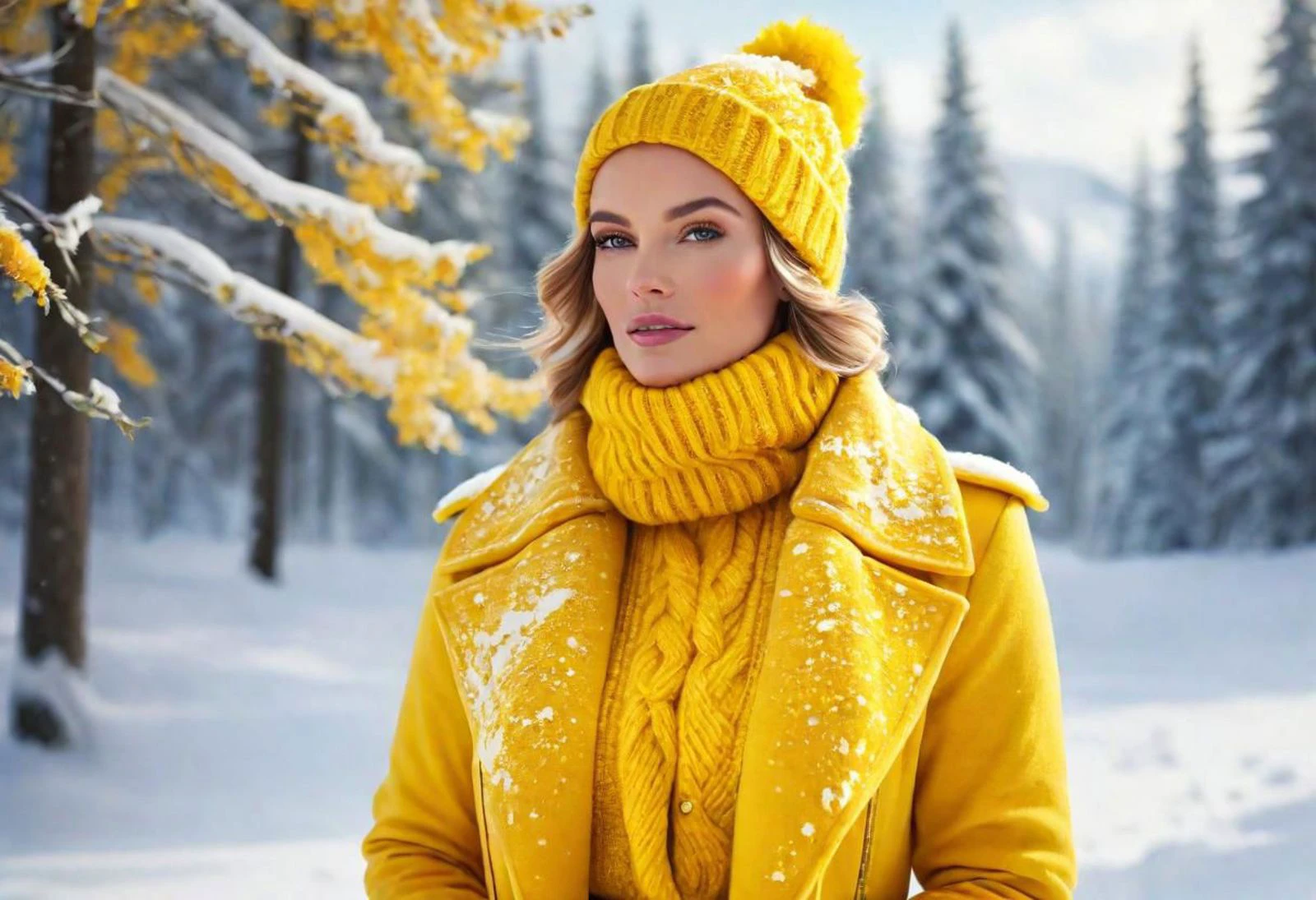 "鮮やかな黄色を着た美しい女性を描いた画像を作成します, イエローチームの冬のエッセンスを体現. 冬の装いで優雅に着飾った彼女の姿を思い浮かべてください, 雪景色と氷のアクセントに囲まれた. 季節の美しさを照らし、冬を背景にイエローチームの活気ある精神を披露します."