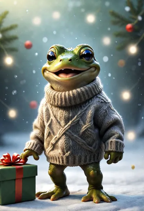 セーターを着た小さな笑顔のカエルはプレゼントをもらって幸せそう