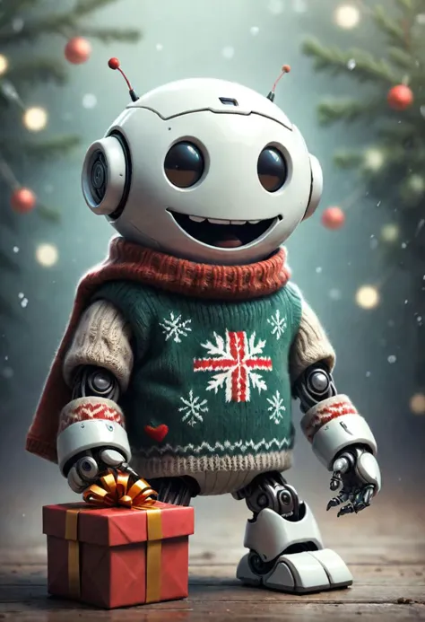 a close up of a robot with a christmas present in front of a christmas tree