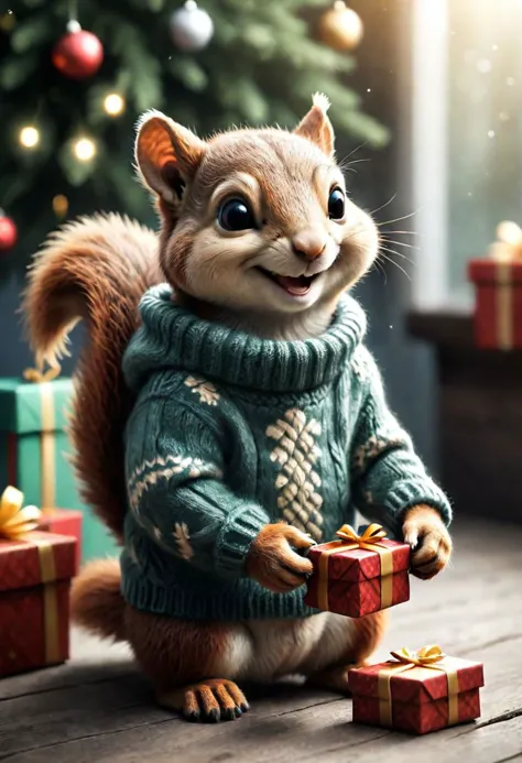 The little smiling squirrel with a sweater is happy to receive a gift
