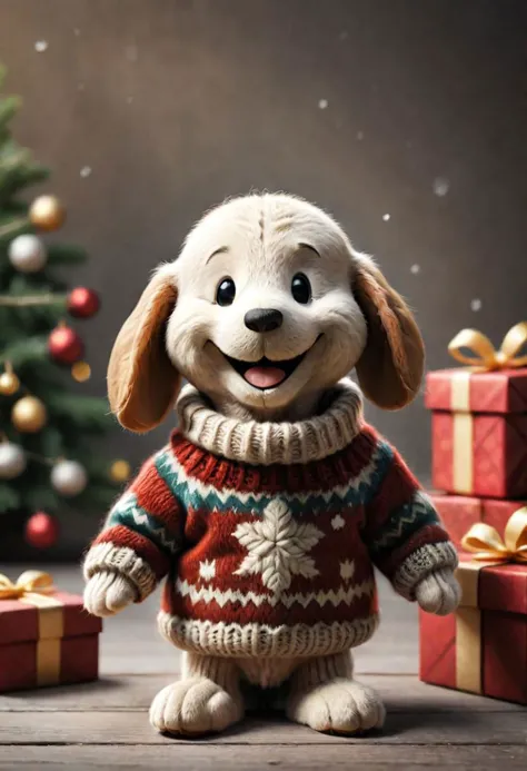 a dog wearing a sweater standing next to presents on a table