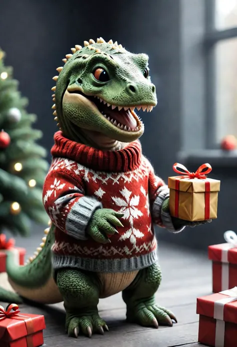 セーターを着た小さな笑顔のティラノサウルスは、プレゼントをもらって喜んでいます