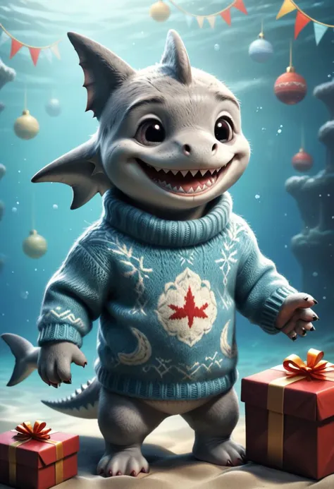The little smiling shark with a sweater is happy to receive a gift