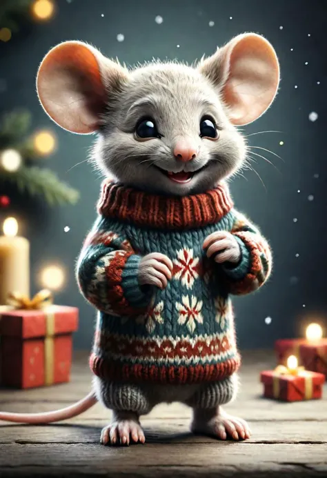 The little smiling mouse with a sweater is happy to receive a gift