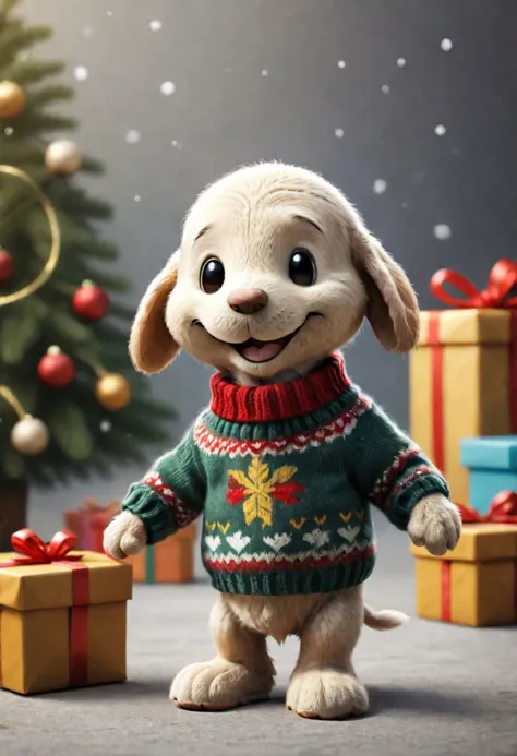 The little smiling Peanuts with a sweater is happy to receive a gift