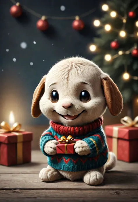 The little smiling Peanuts with a sweater is happy to receive a gift