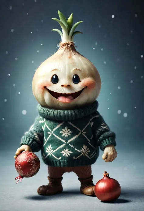 The little smiling onion with a sweater is happy to receive a gift