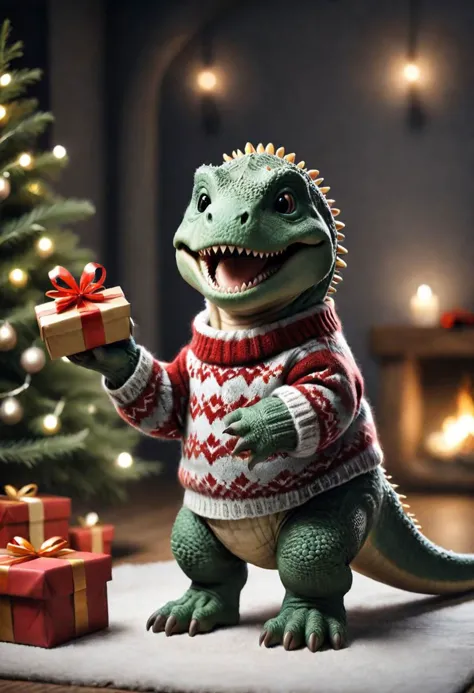 The little smiling t-rex with a sweater is happy to receive a gift