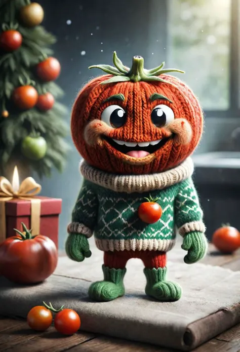 The little smiling tomato a sweater is happy to receive a gift